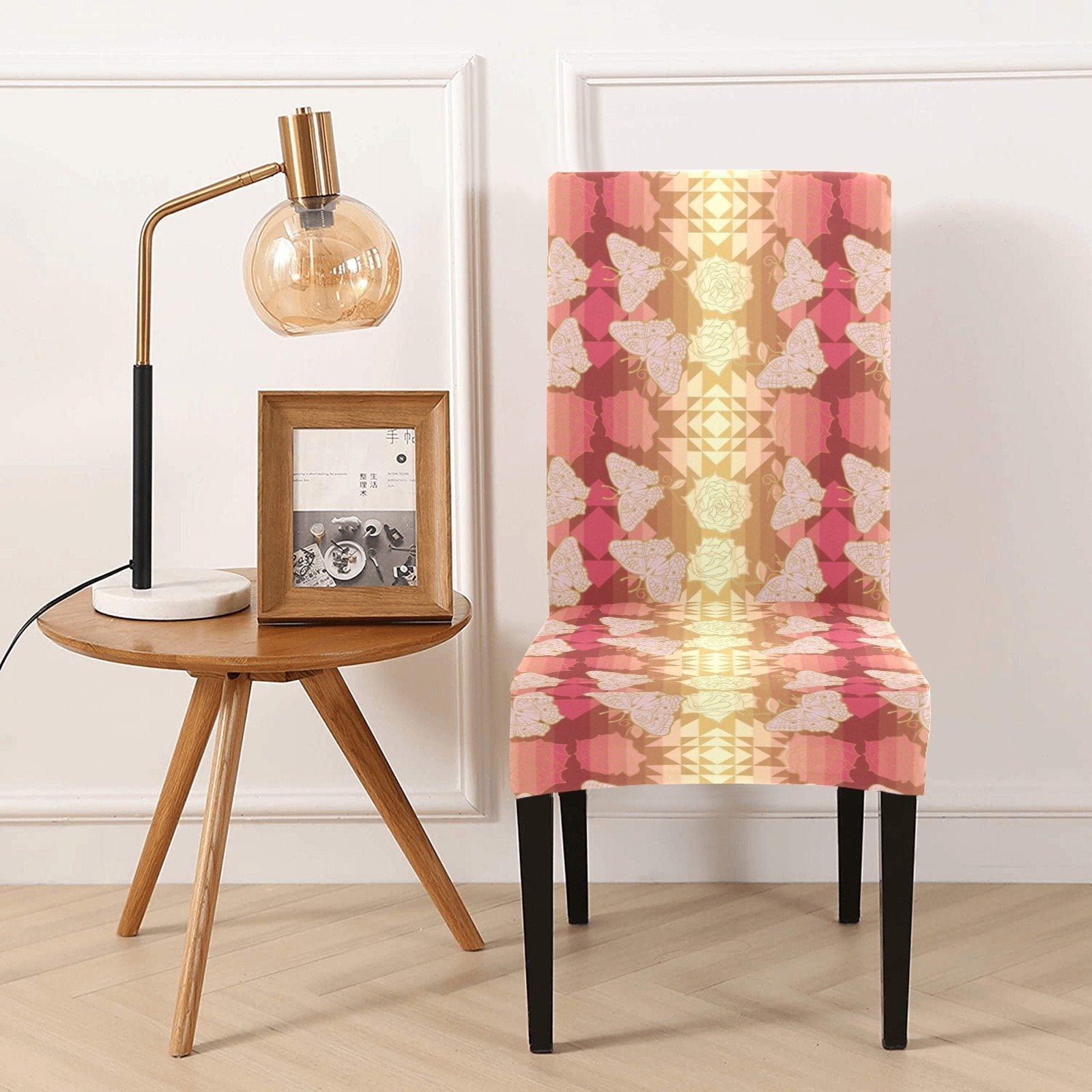 Butterfly and Roses on Geometric Chair Cover (Pack of 4) Chair Cover (Pack of 4) e-joyer 
