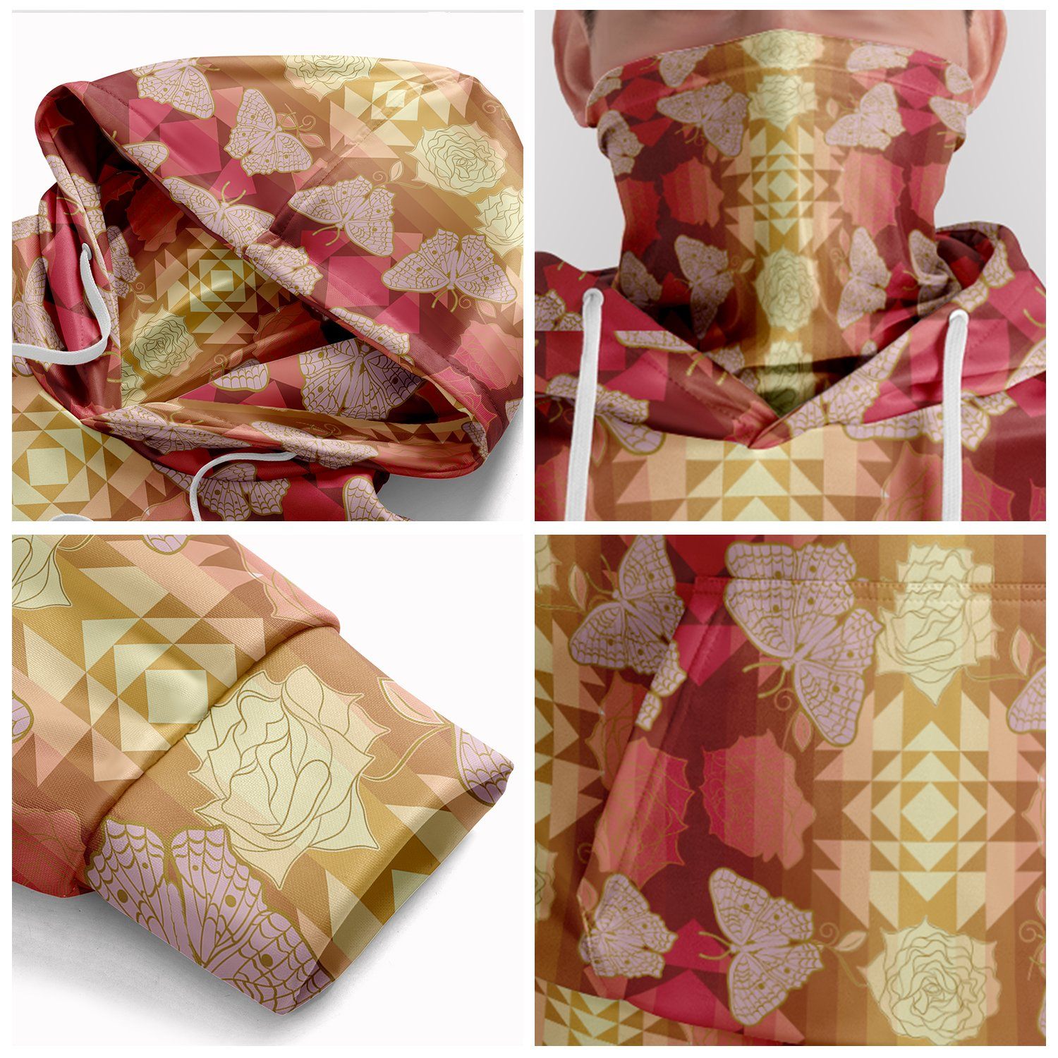 Butterfly and Roses on Geometric Hoodie with Face Cover 49 Dzine 