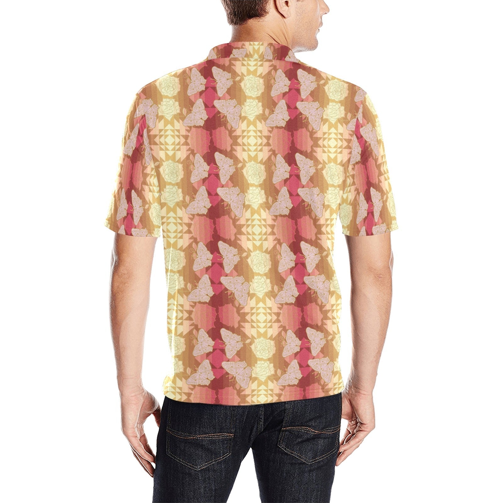 Butterfly and Roses on Geometric Men's All Over Print Polo Shirt (Model T55) Men's Polo Shirt (Model T55) e-joyer 