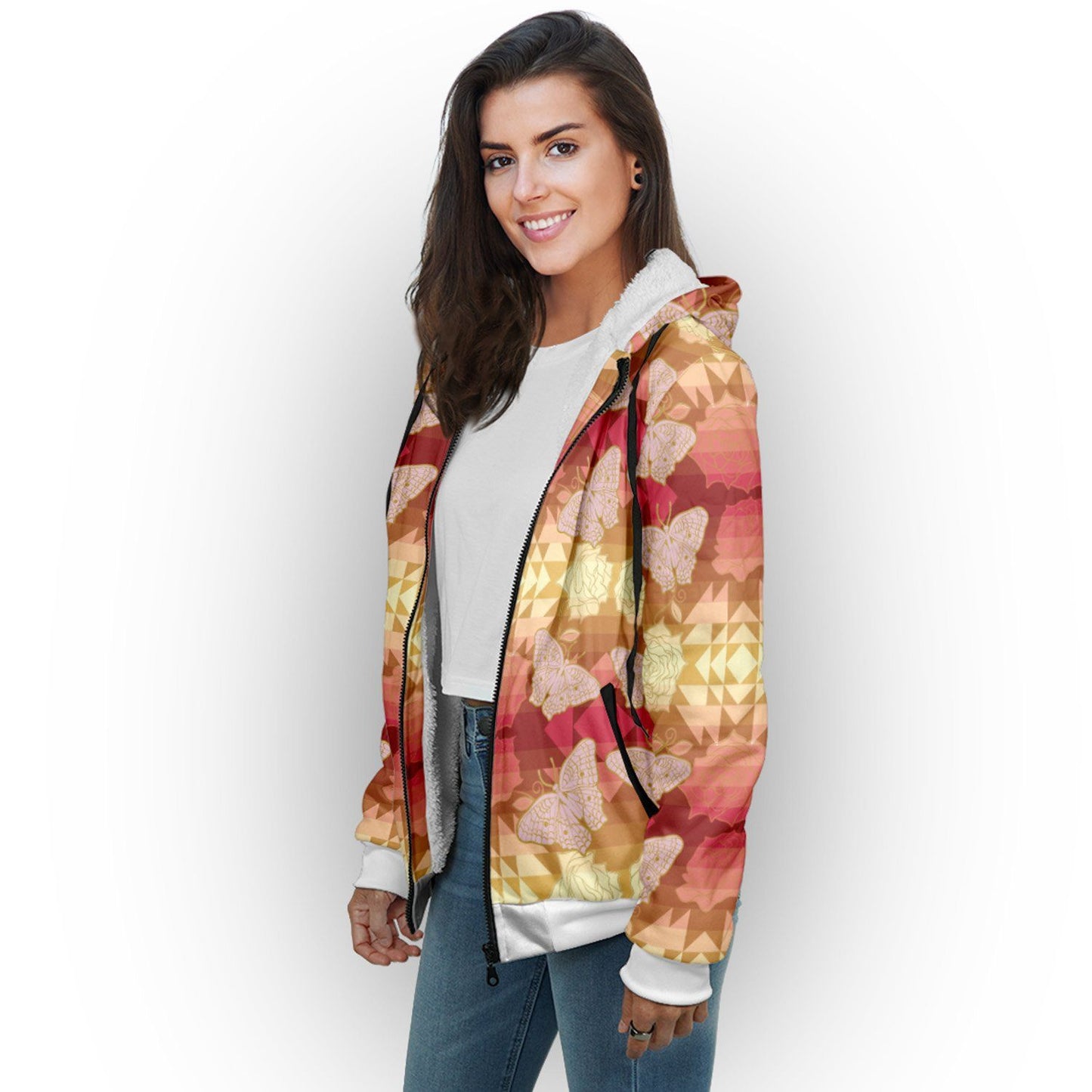 Butterfly and Roses on Geometric Sherpa Hoodie hoodie Herman 