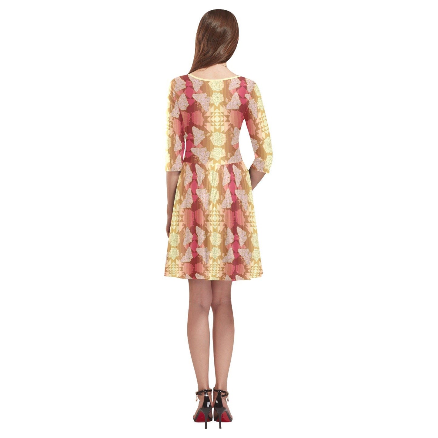 Butterfly and Roses on Geometric Tethys Half-Sleeve Skater Dress(Model D20) Tethys Half-Sleeve Skater Dress (D20) e-joyer 