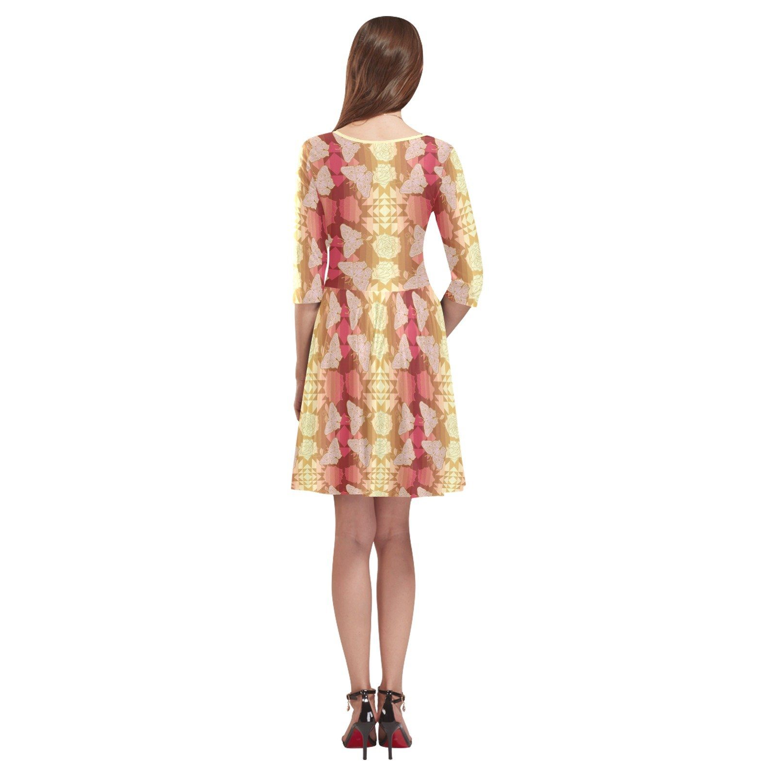 Butterfly and Roses on Geometric Tethys Half-Sleeve Skater Dress(Model D20) Tethys Half-Sleeve Skater Dress (D20) e-joyer 