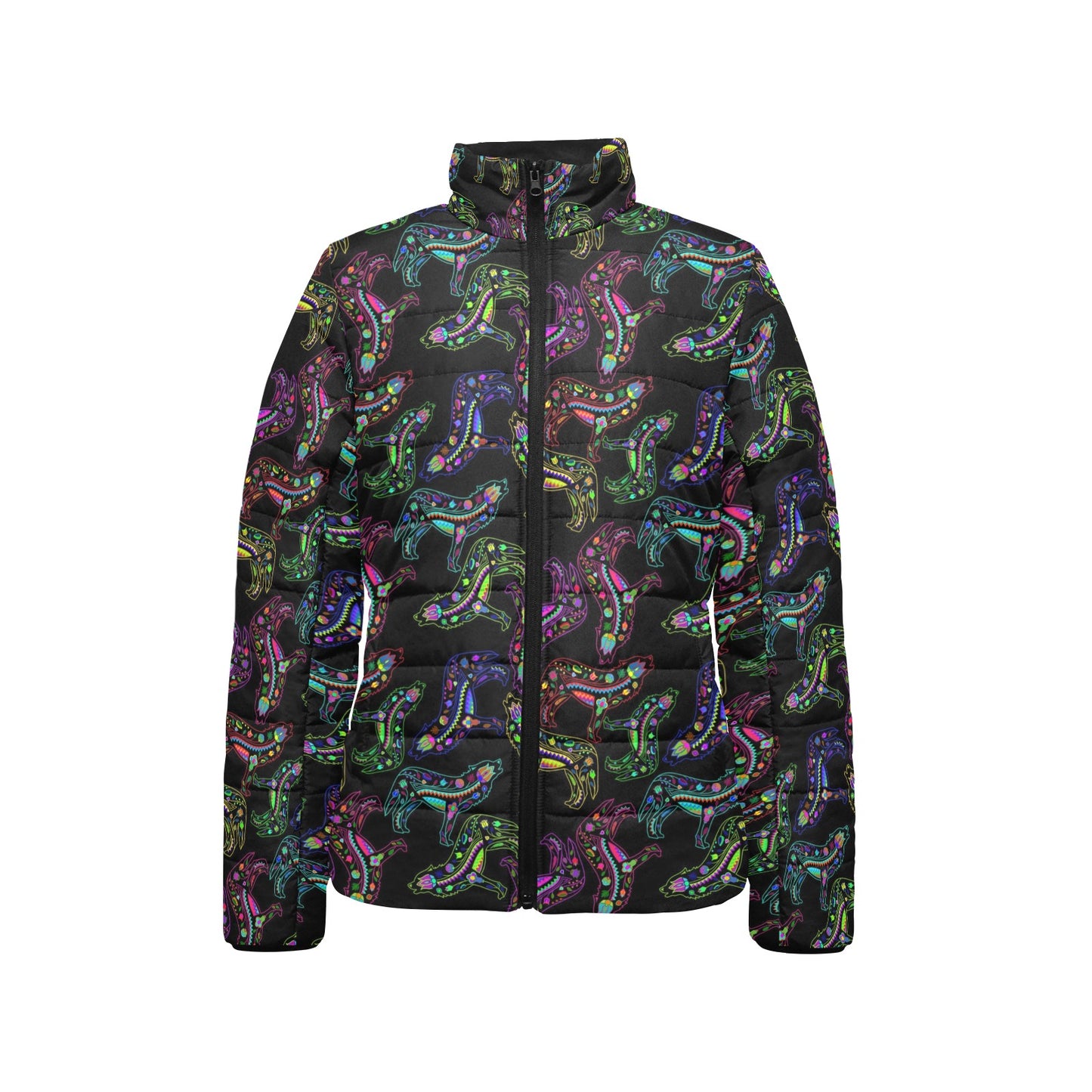 Neon Floral Wolves Women's Stand Collar Padded Jacket