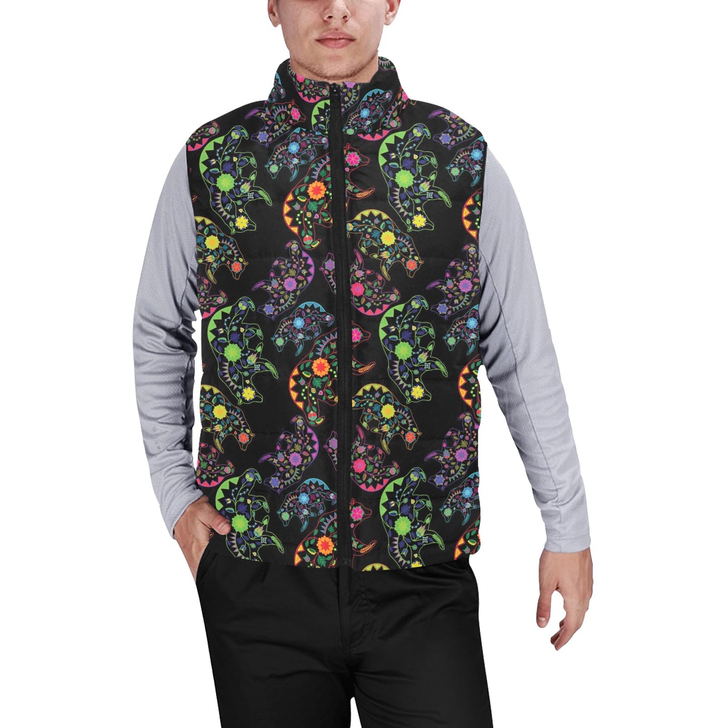 Neon Floral Bears Men's Padded Vest Jacket