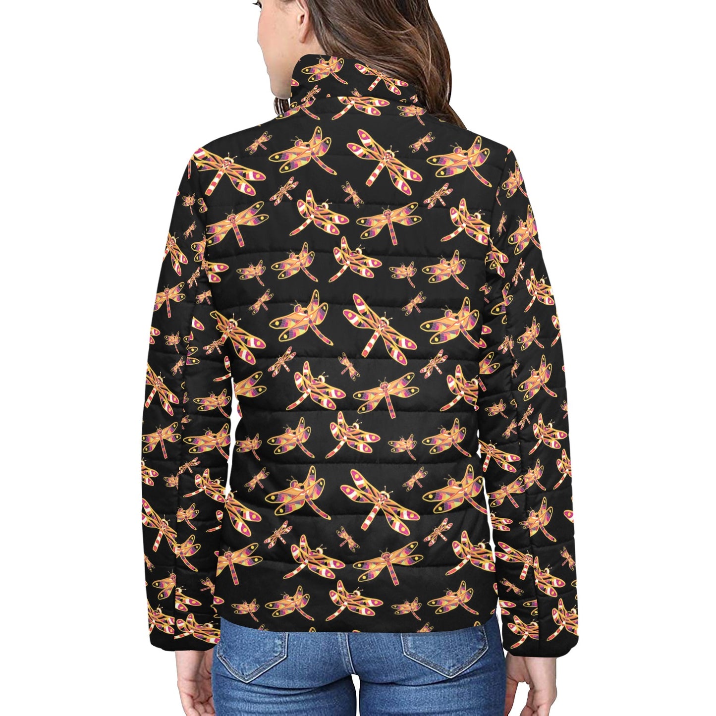 Gathering Yellow Black Women's Stand Collar Padded Jacket