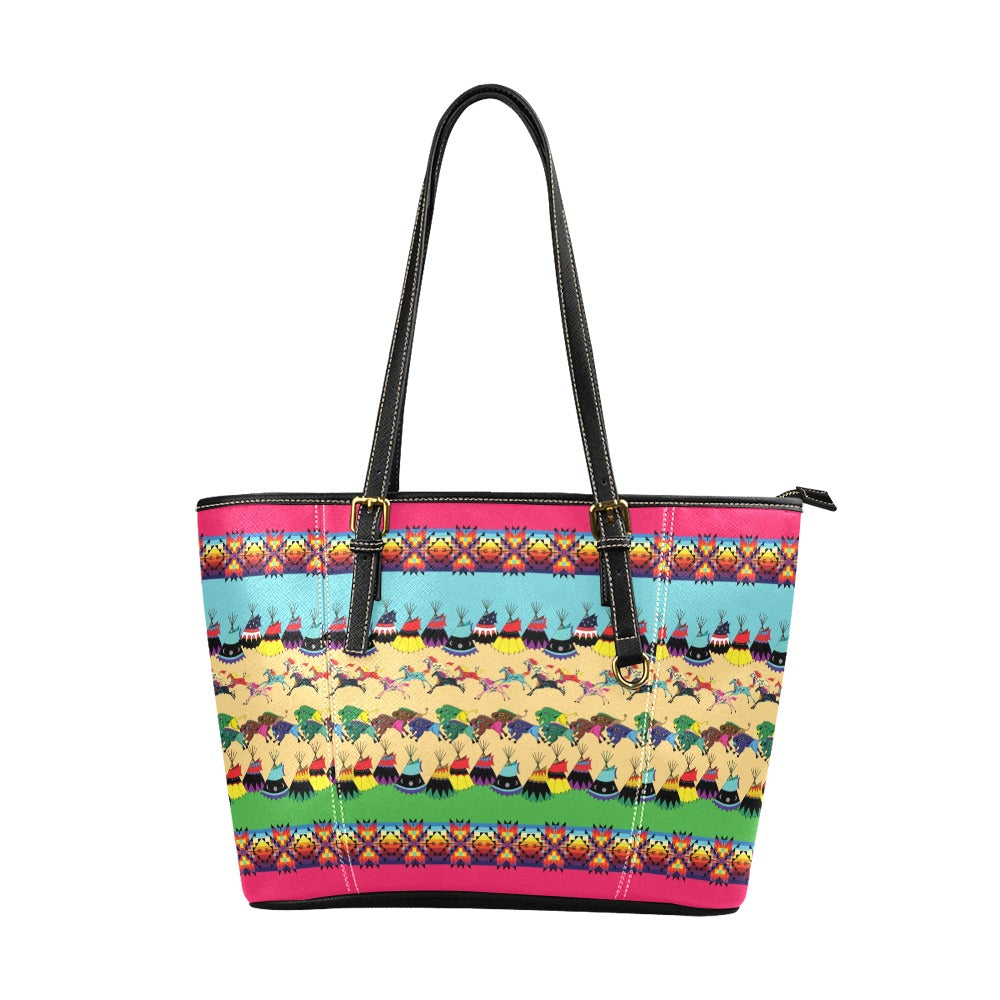 Horses and Buffalo Ledger Pink Leather Tote Bag