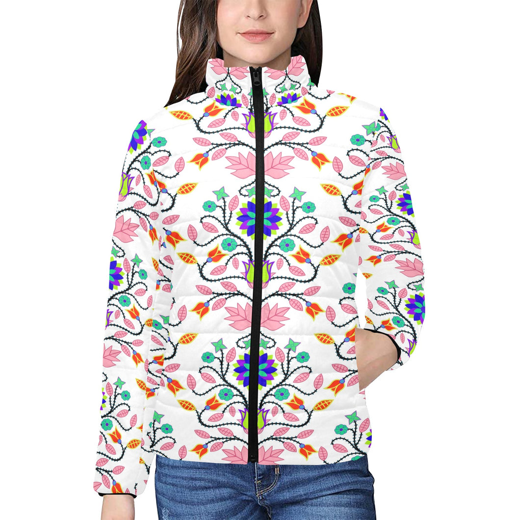 Floral Beadwork Four Clans White Women's Stand Collar Padded Jacket