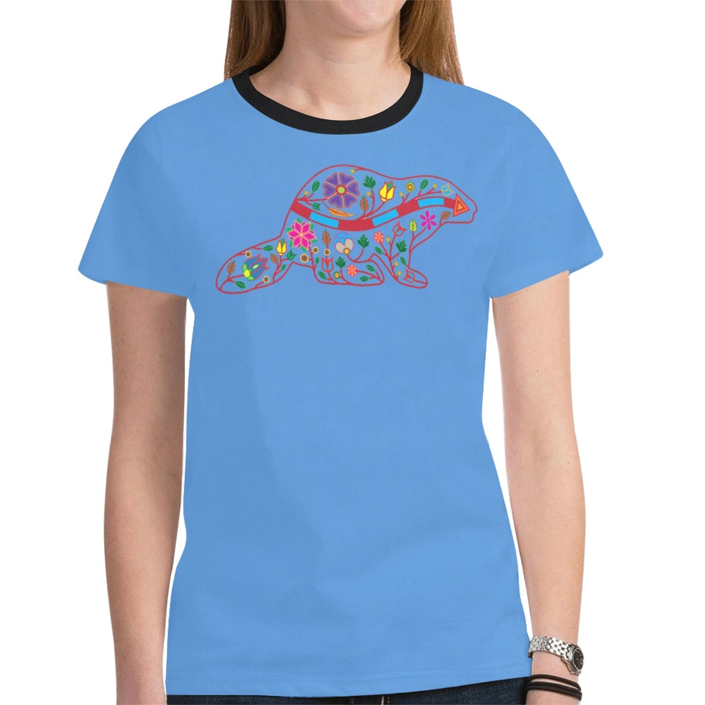 Floral Beaver Spirit Guide Blue Tee