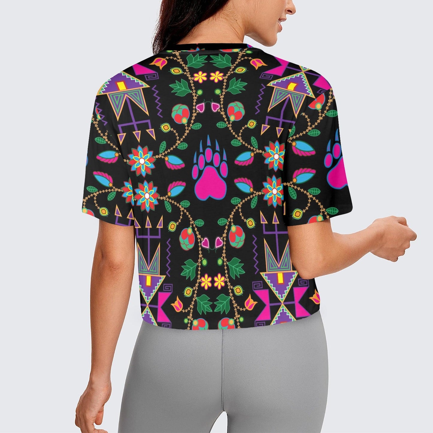 Geometric Floral Fall Black Crop Top