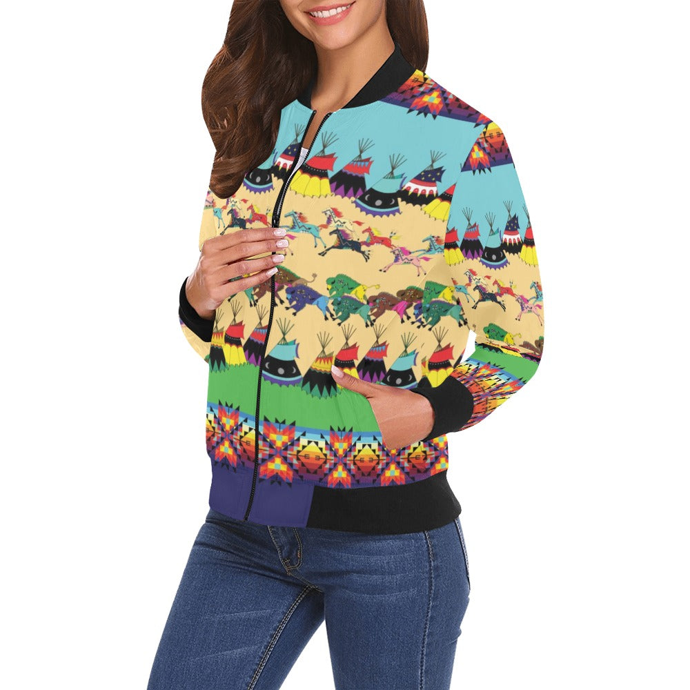 Horses and Buffalo Ledger Blue Bomber Jacket for Women