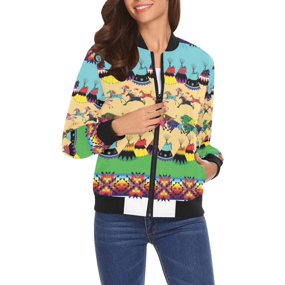 Horses and Buffalo Ledger White Bomber Jacket for Women