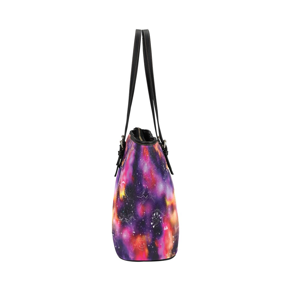 Animal Ancestors 9 Cosmic Swirl Purple and Red Leather Tote Bag