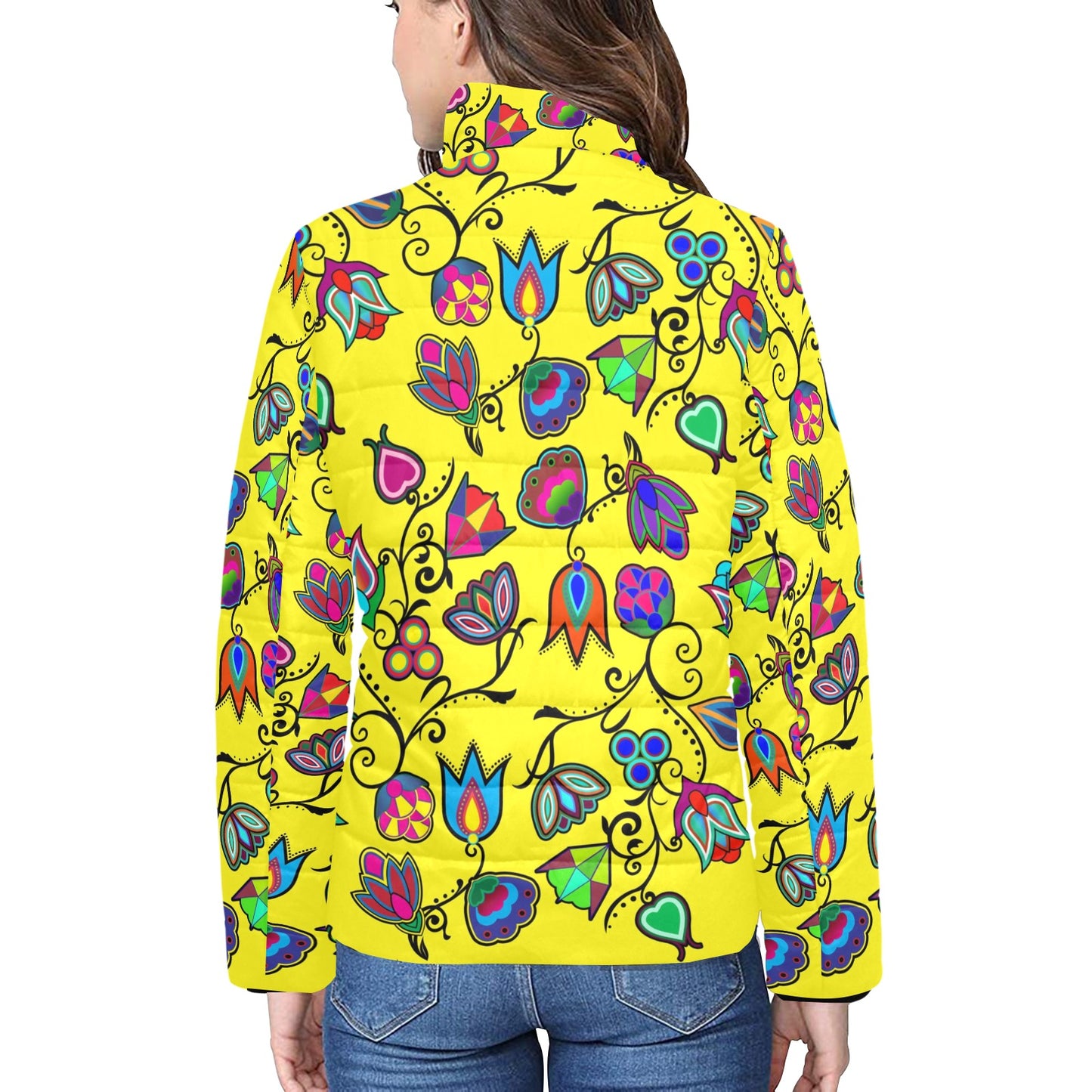 Indigenous Paisley Yellow Women's Stand Collar Padded Jacket