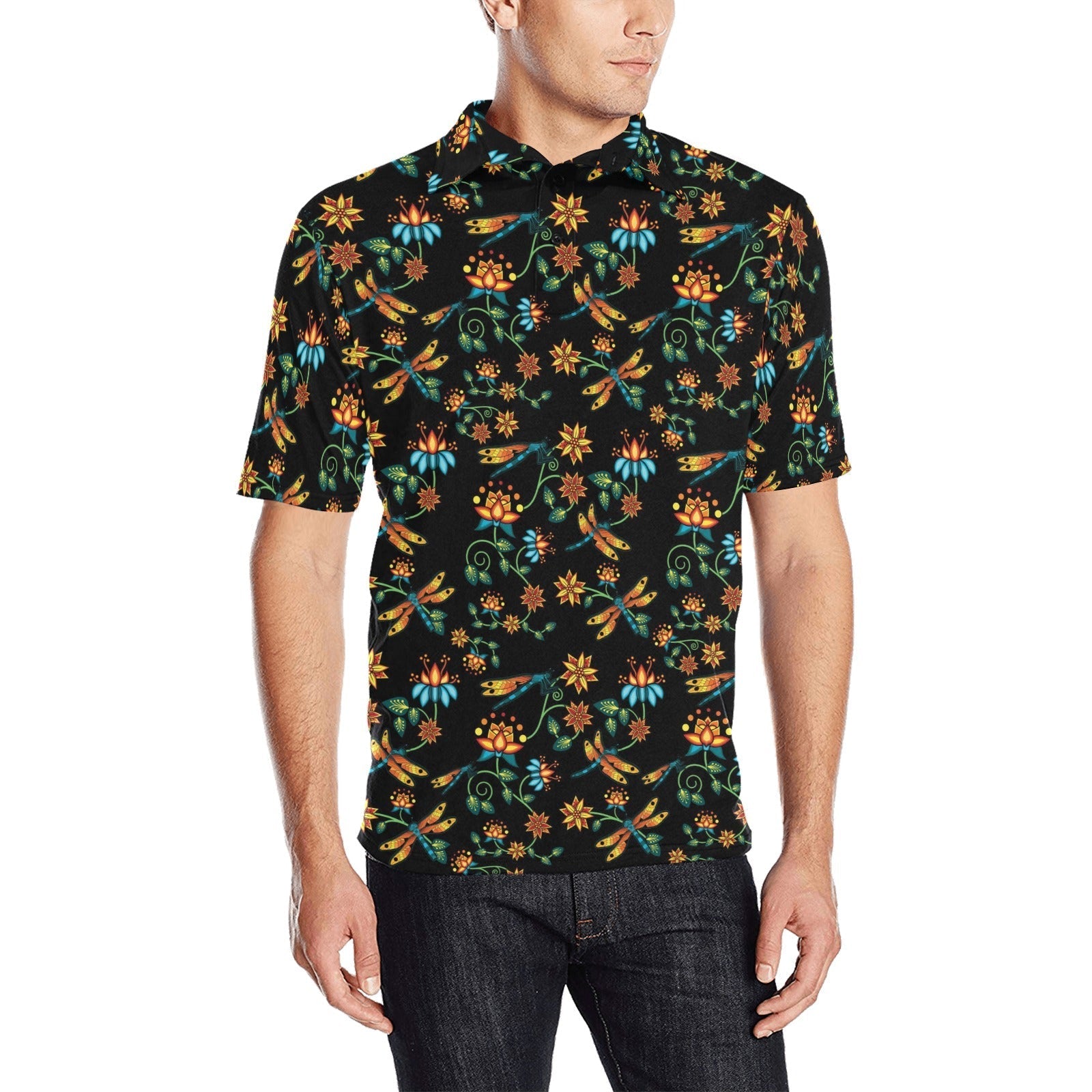 Dragon Lily Noir Men's All Over Print Polo Shirt (Model T55) Men's Polo Shirt (Model T55) e-joyer 