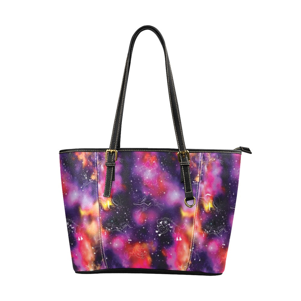 Animal Ancestors 9 Cosmic Swirl Purple and Red Leather Tote Bag