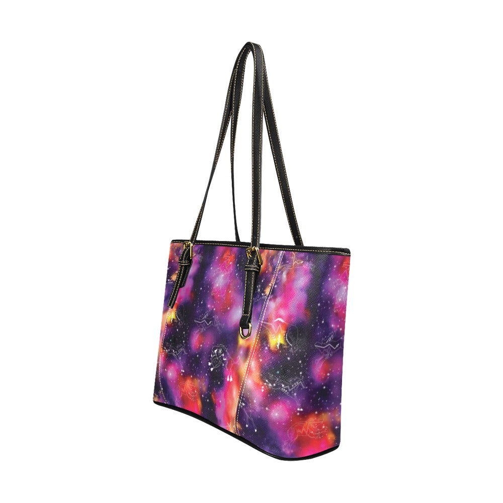 Animal Ancestors 9 Cosmic Swirl Purple and Red Leather Tote Bag