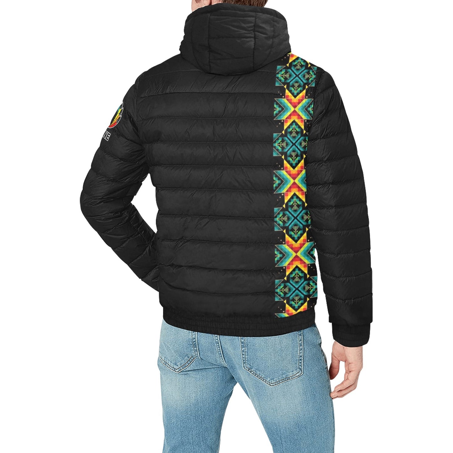 Black Blanket Strip Men's Padded Hooded Jacket