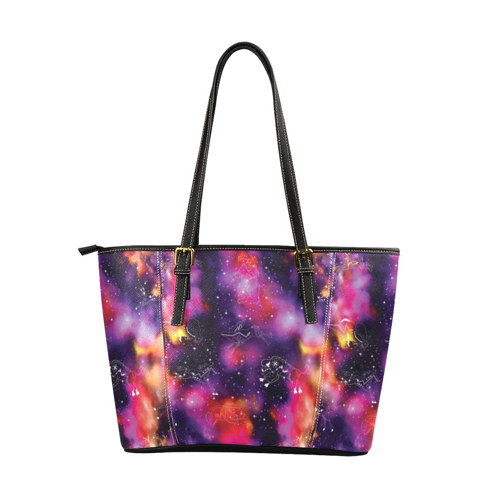 Animal Ancestors 9 Cosmic Swirl Purple and Red Leather Tote Bag