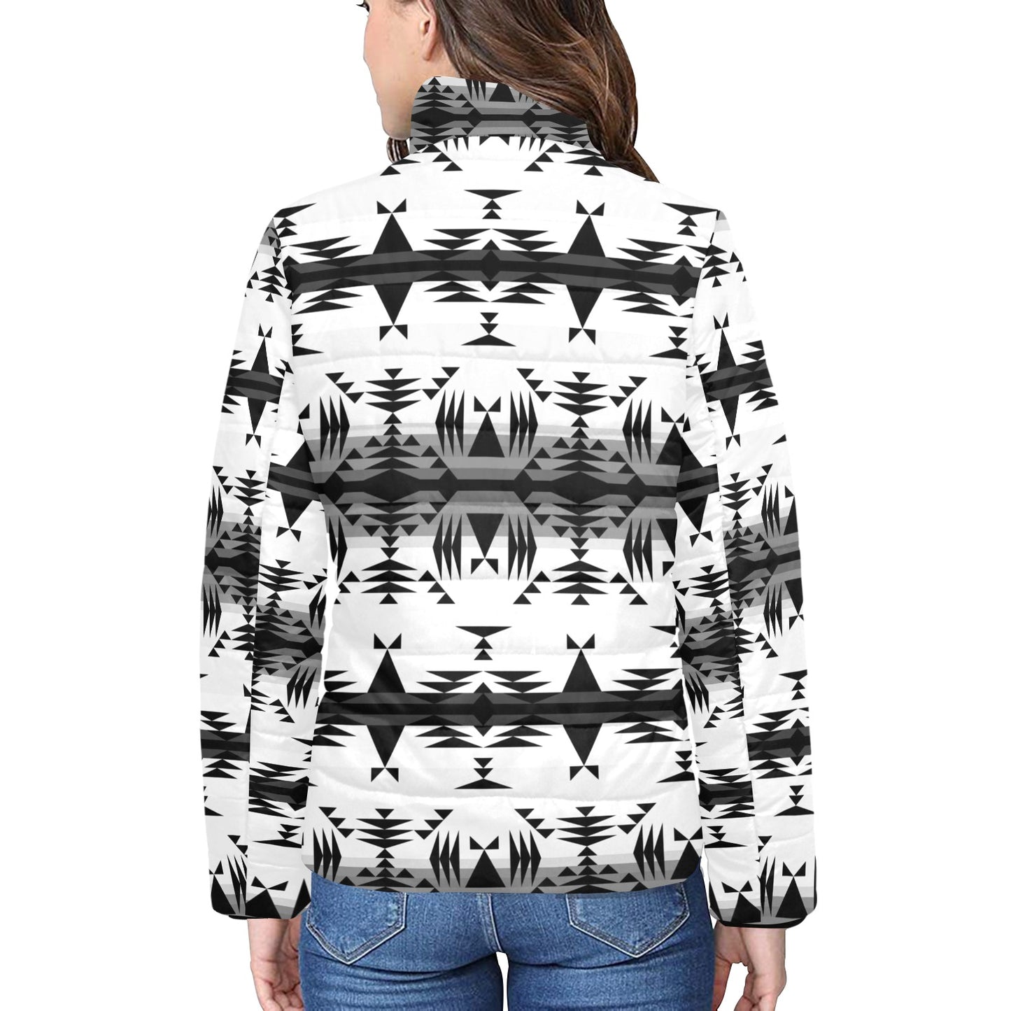 Between the Mountains White and Black Women's Stand Collar Padded Jacket