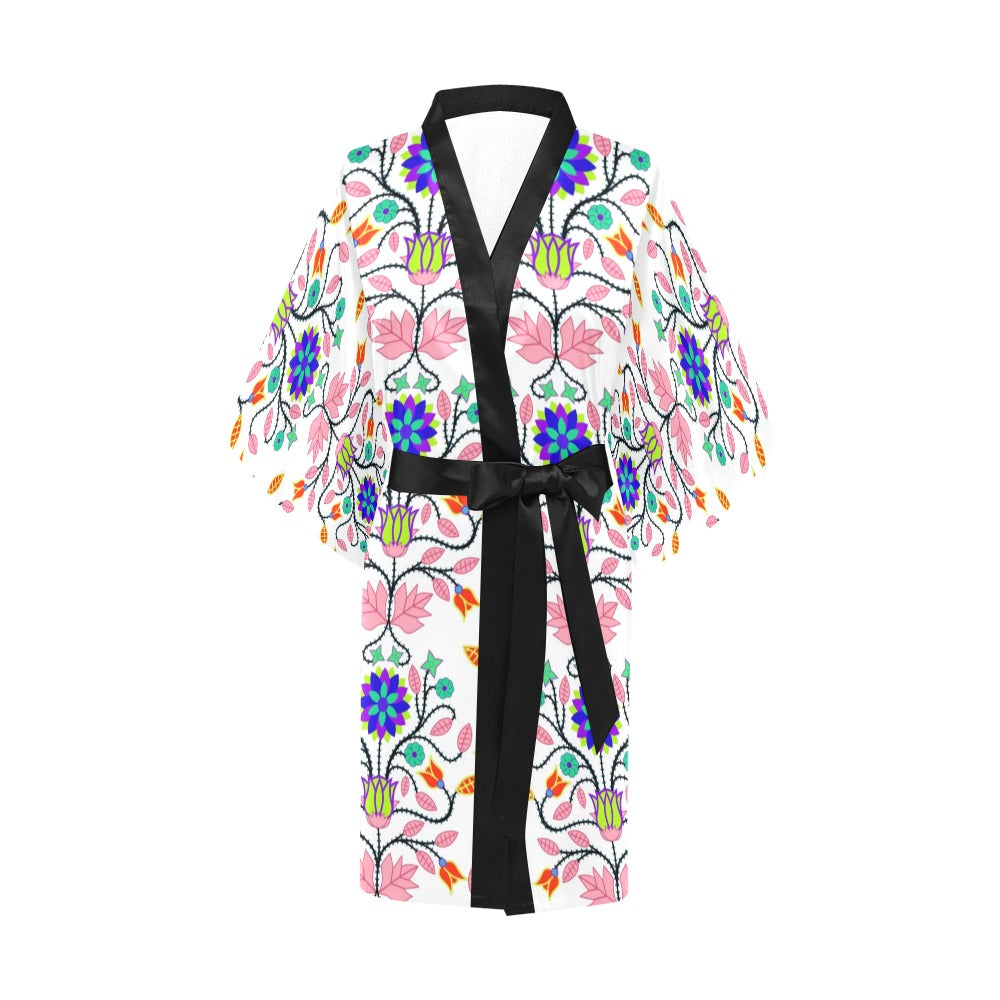 Floral Beadwork Four Clans White Kimono Robe