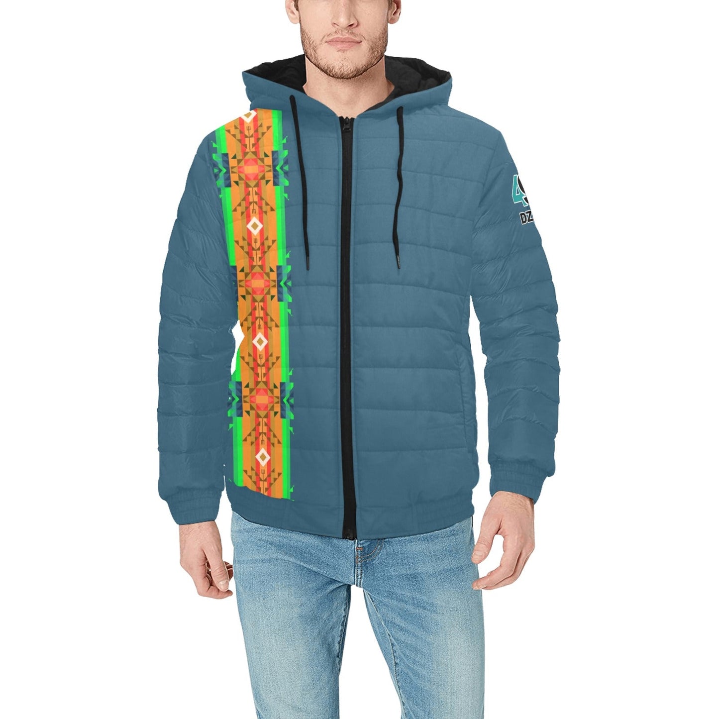 Denim Blanket Strip Men's Padded Hooded Jacket