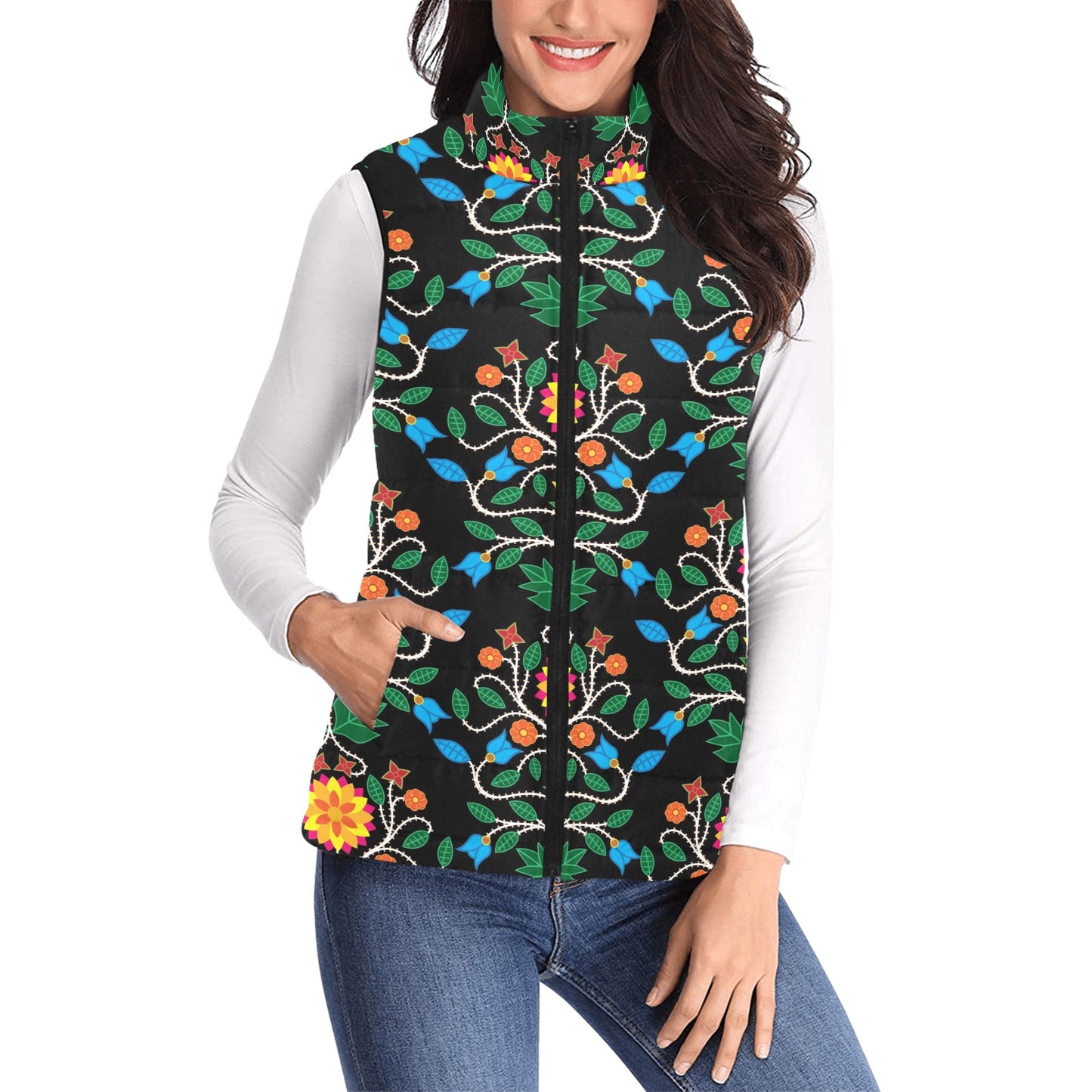 Floral Beadwork Four Clans Women's Padded Vest Jacket