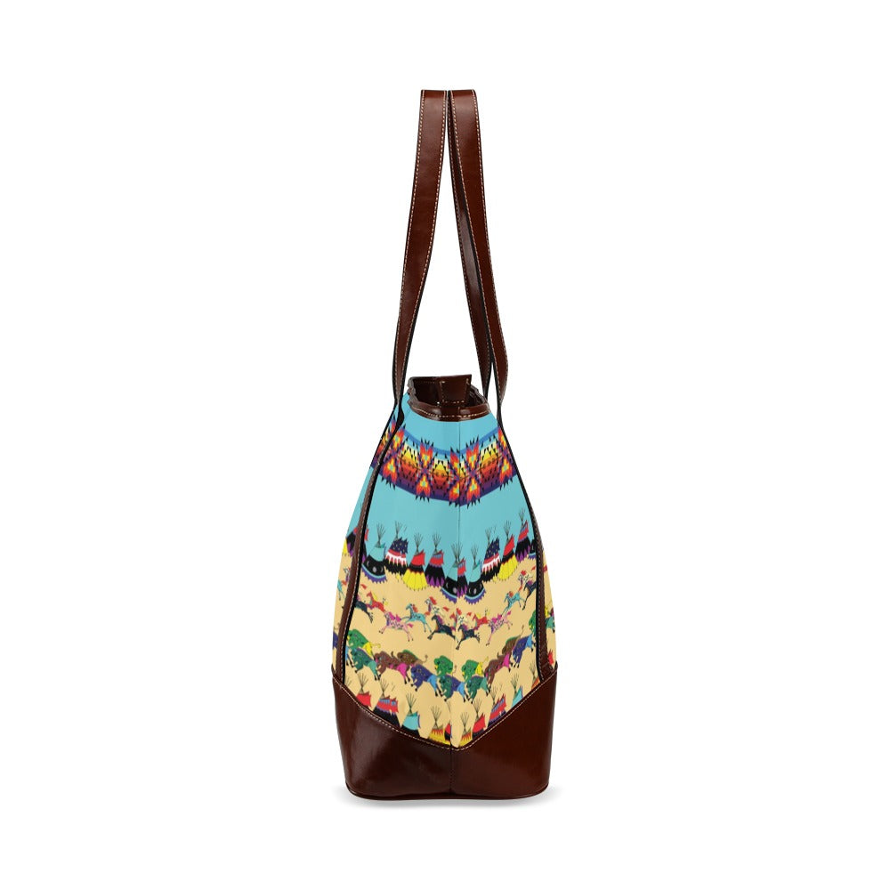 Horses and Buffalo Ledger Torquoise Tote Handbag