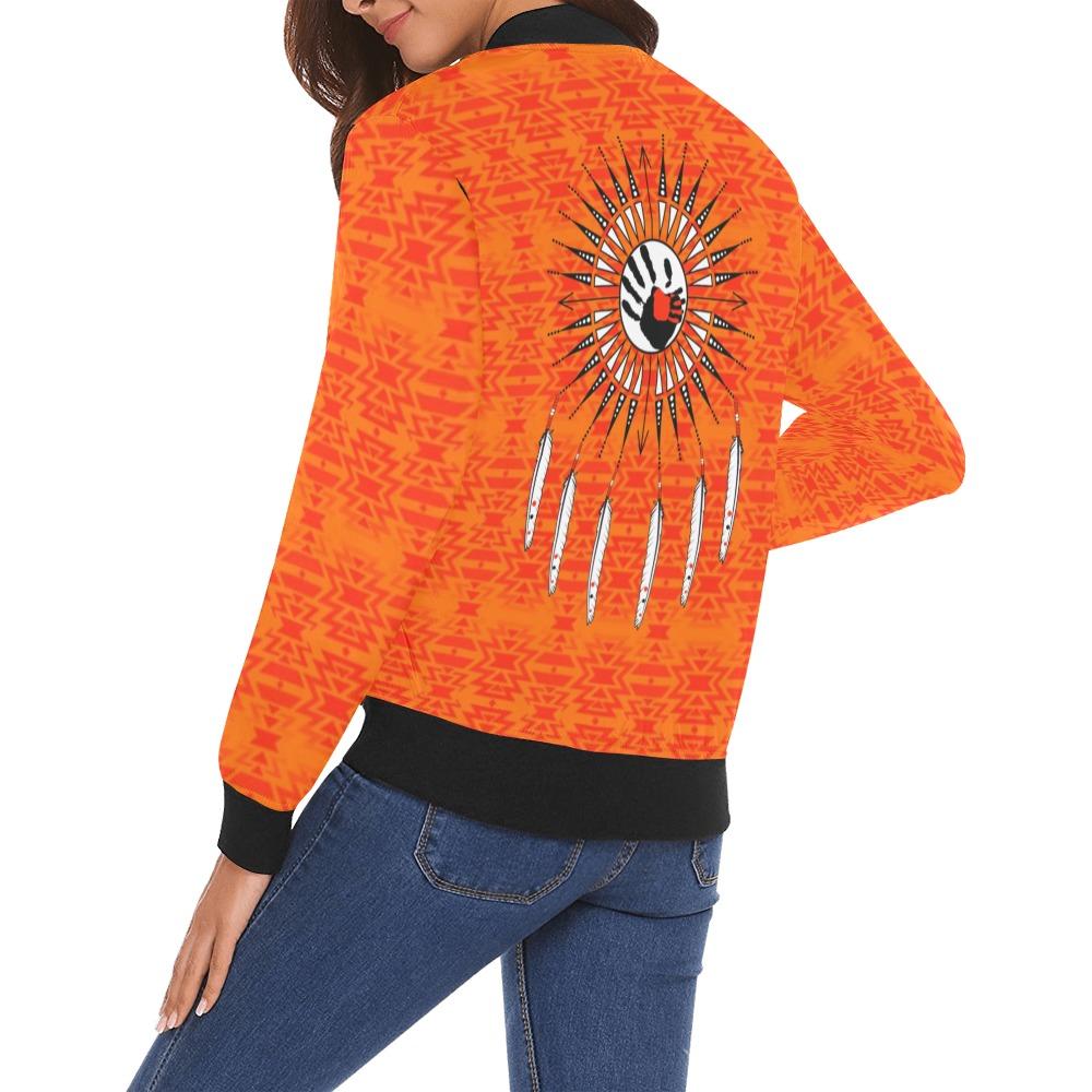 Fire Colors and Turquoise Orange Feather Directions All Over Print Bomber Jacket for Women (Model H19) All Over Print Bomber Jacket for Women (H19) e-joyer 