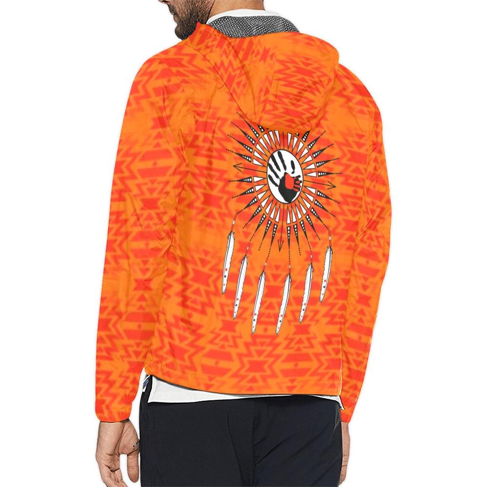 Fire Colors and Turquoise Orange Feather Directions Unisex All Over Print Windbreaker (Model H23) All Over Print Windbreaker for Men (H23) e-joyer 