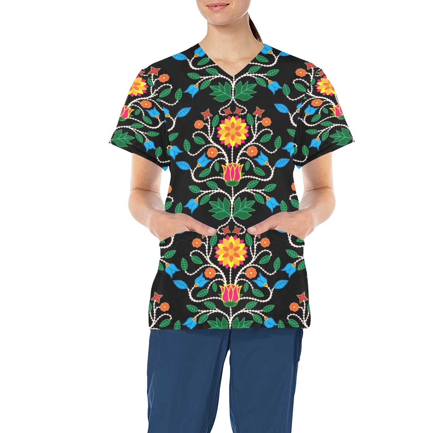 Floral Beadwork Four Clans All Over Print Scrub Top Scrub Top e-joyer 