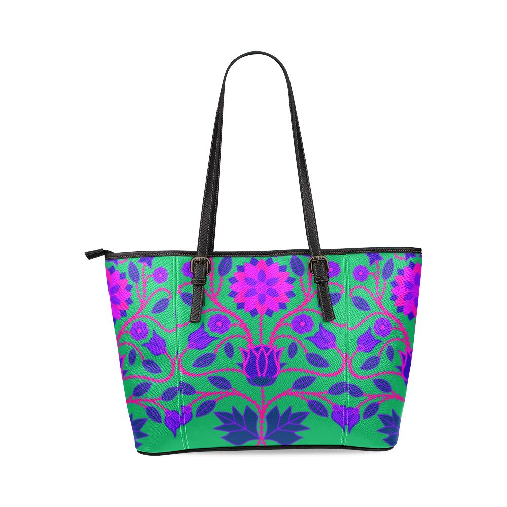 Floral Beadwork Four Clans Teal Leather Tote Bag/Large (Model 1640) Leather Tote Bag (1640) e-joyer 