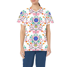 Load image into Gallery viewer, Floral Beadwork Four Clans White All Over Print Scrub Top Scrub Top e-joyer 
