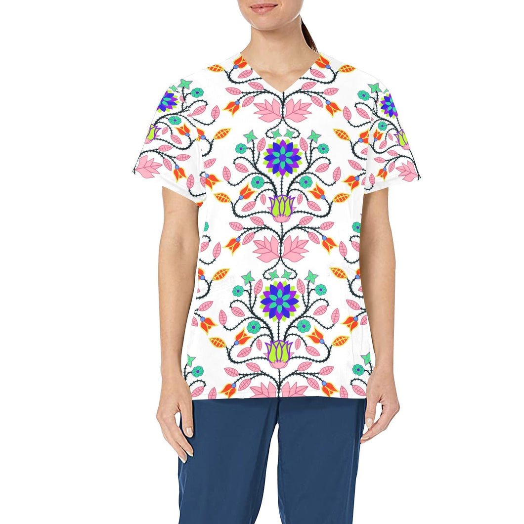 Floral Beadwork Four Clans White All Over Print Scrub Top Scrub Top e-joyer 