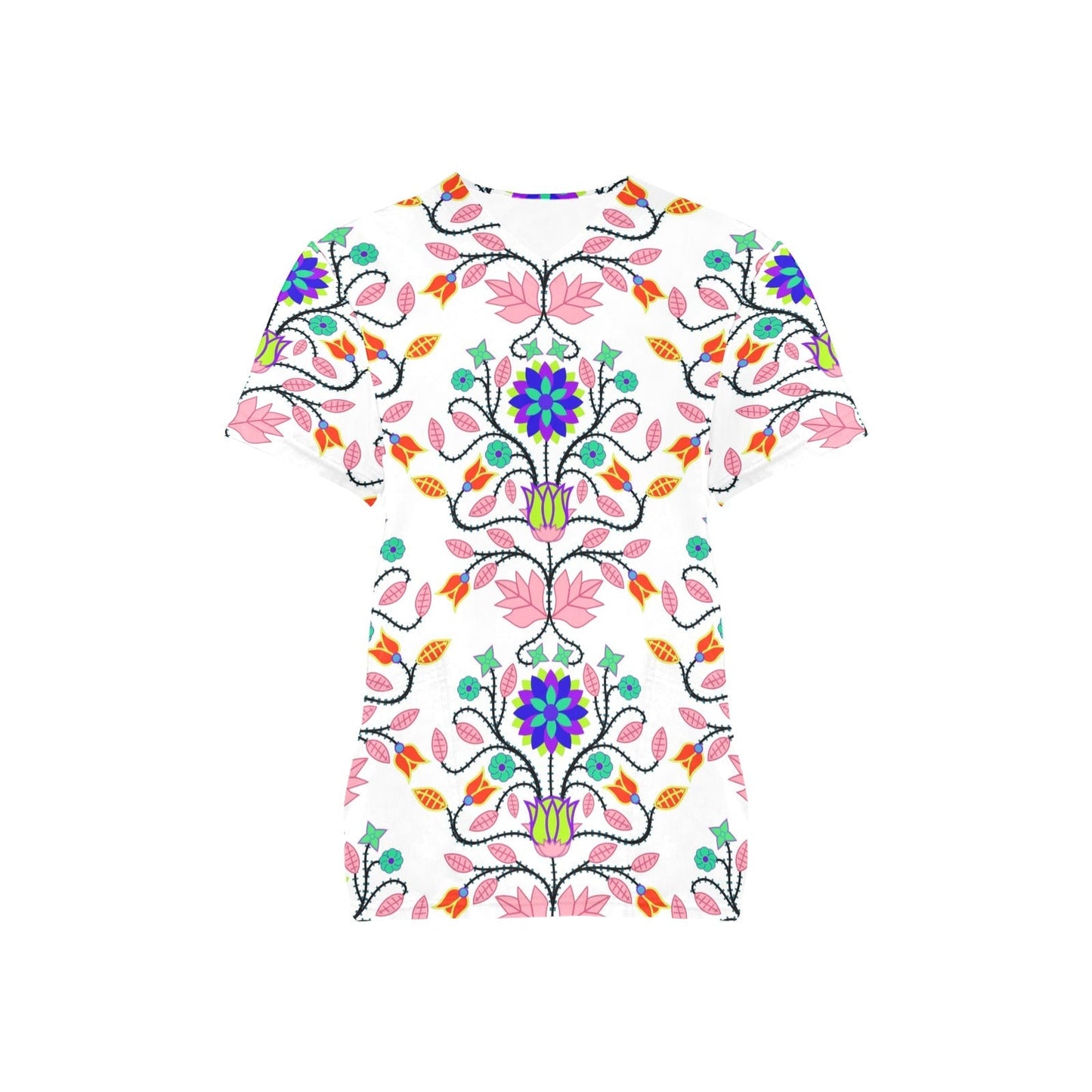 Floral Beadwork Four Clans White All Over Print Scrub Top Scrub Top e-joyer 