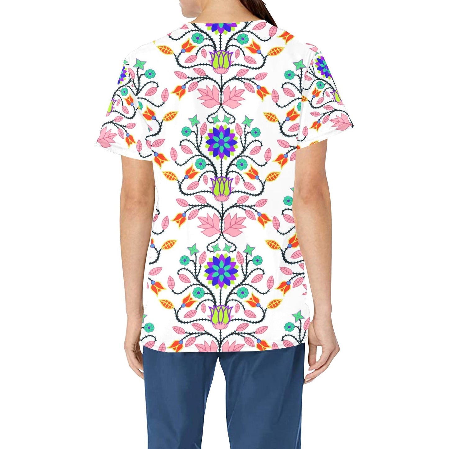 Floral Beadwork Four Clans White All Over Print Scrub Top Scrub Top e-joyer 