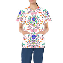 Load image into Gallery viewer, Floral Beadwork Four Clans White All Over Print Scrub Top Scrub Top e-joyer 
