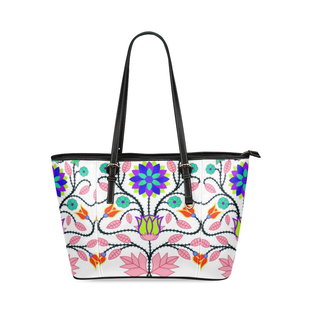 Floral Beadwork Four Clans White Leather Tote Bag/Large (Model 1640) Leather Tote Bag (1640) e-joyer 