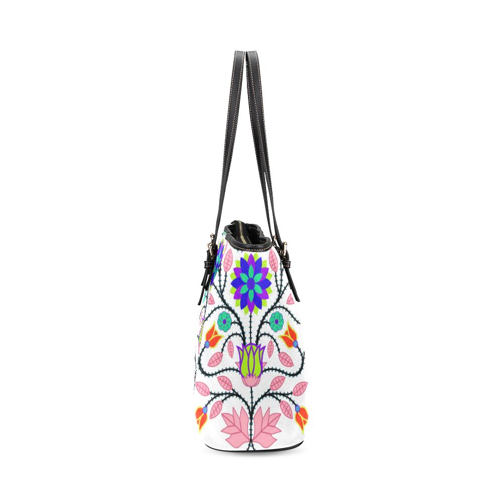 Floral Beadwork Four Clans White Leather Tote Bag/Large (Model 1640) Leather Tote Bag (1640) e-joyer 