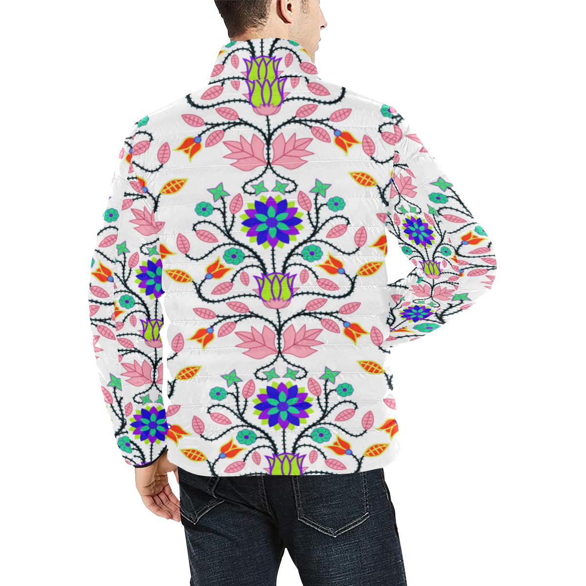 Floral Beadwork Four Clans White Men's Stand Collar Padded Jacket (Model H41) Men's Stand Collar Padded Jacket (H41) e-joyer 