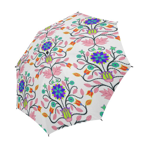 Floral Beadwork Four Clans White Semi-Automatic Foldable Umbrella Semi-Automatic Foldable Umbrella e-joyer 