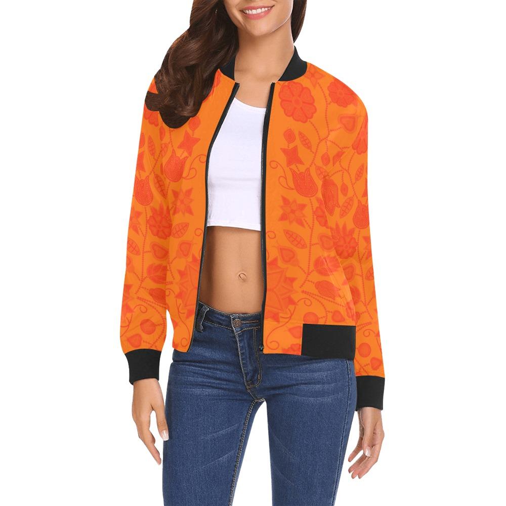 Floral Beadwork Real Orange Feather Directions All Over Print Bomber Jacket for Women (Model H19) All Over Print Bomber Jacket for Women (H19) e-joyer 