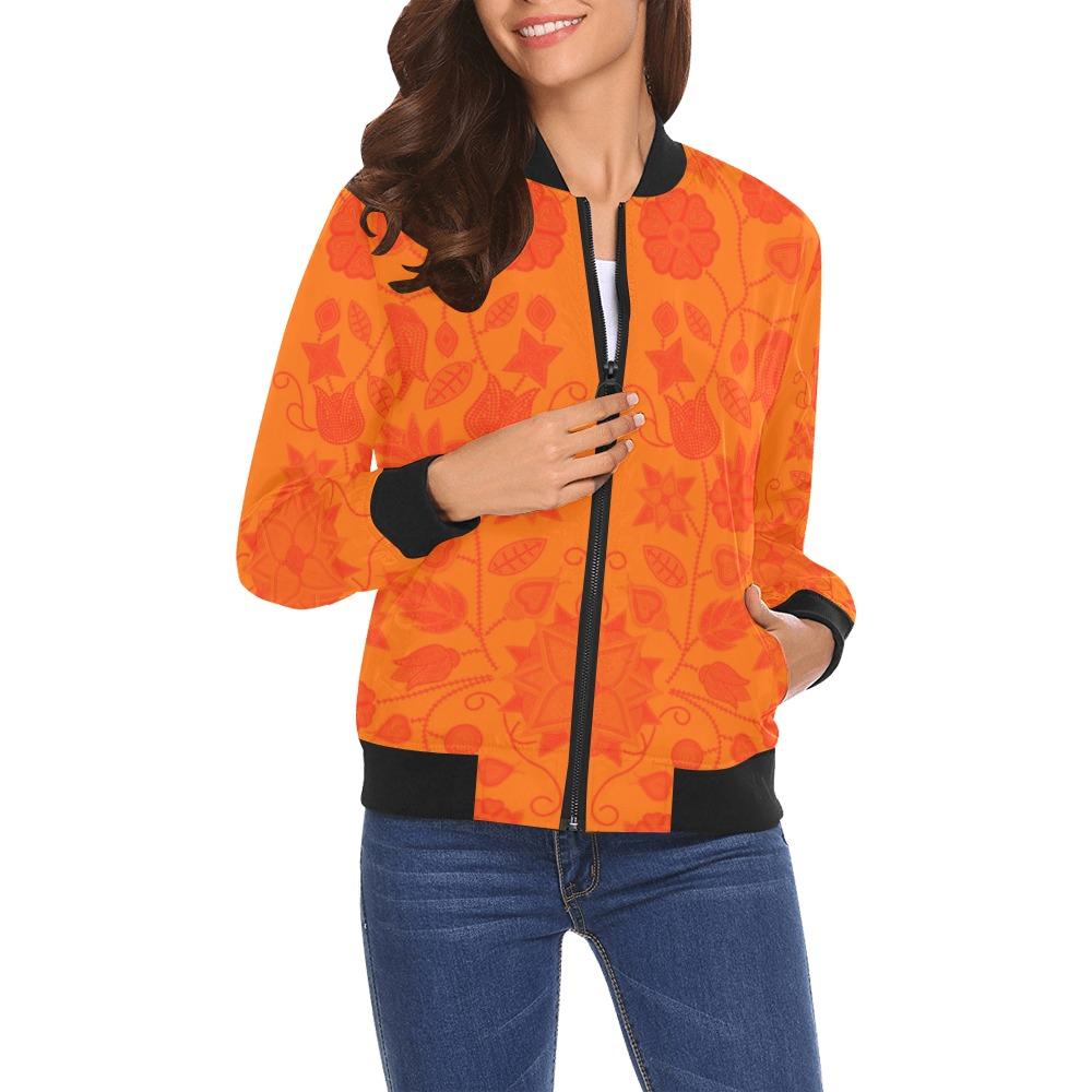 Floral Beadwork Real Orange Feather Directions All Over Print Bomber Jacket for Women (Model H19) All Over Print Bomber Jacket for Women (H19) e-joyer 