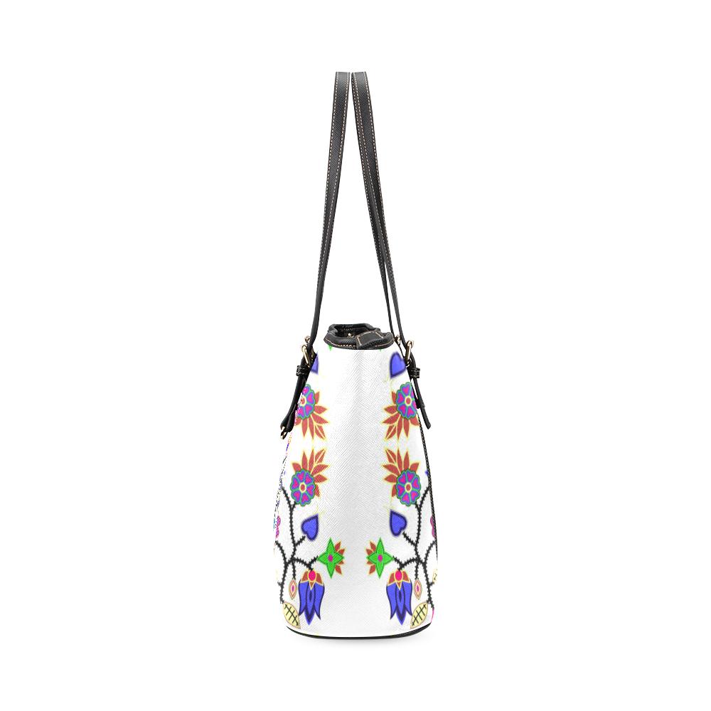 Floral Beadwork Seven Clans White Leather Tote Bag/Large (Model 1640) Leather Tote Bag (1640) e-joyer 