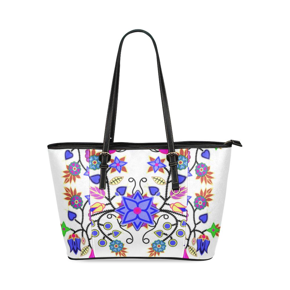 Floral Beadwork Seven Clans White Leather Tote Bag/Large (Model 1640) Leather Tote Bag (1640) e-joyer 