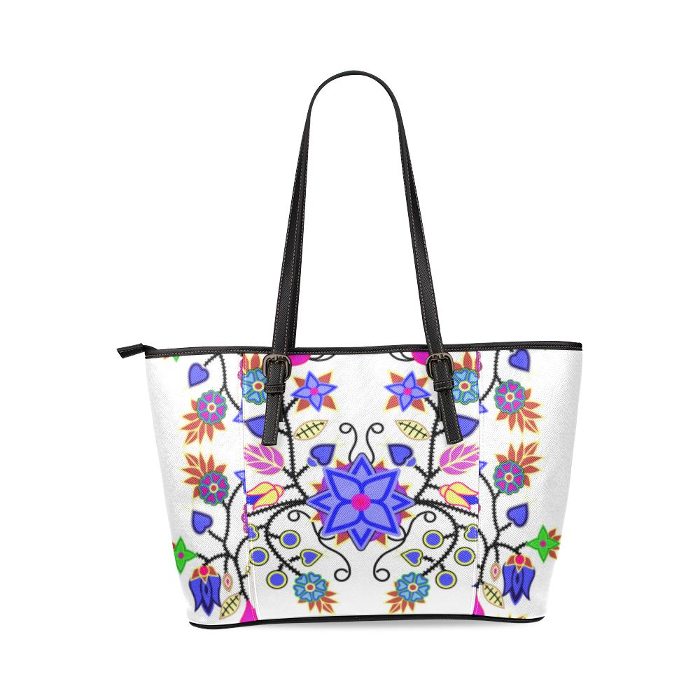 Floral Beadwork Seven Clans White Leather Tote Bag/Large (Model 1640) Leather Tote Bag (1640) e-joyer 