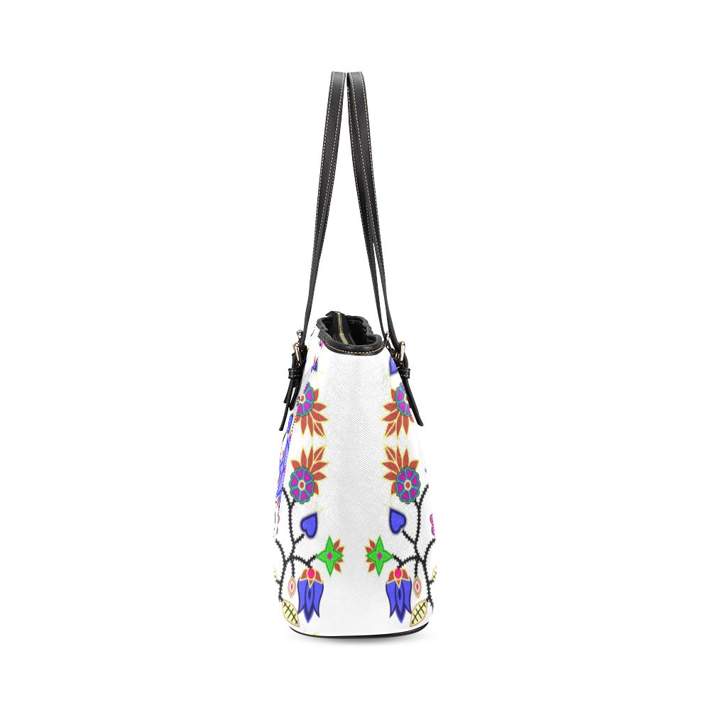 Floral Beadwork Seven Clans White Leather Tote Bag/Large (Model 1640) Leather Tote Bag (1640) e-joyer 