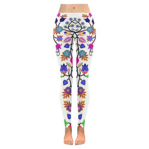 Floral Beadwork Seven Clans White Low Rise Leggings (Invisible Stitch) (Model L05) Low Rise Leggings (Invisible Stitch) (L05) e-joyer 