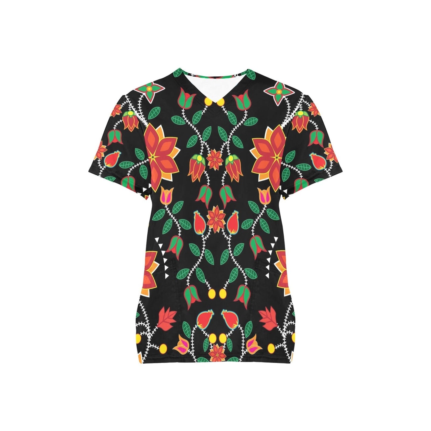 Floral Beadwork Six Bands All Over Print Scrub Top Scrub Top e-joyer 
