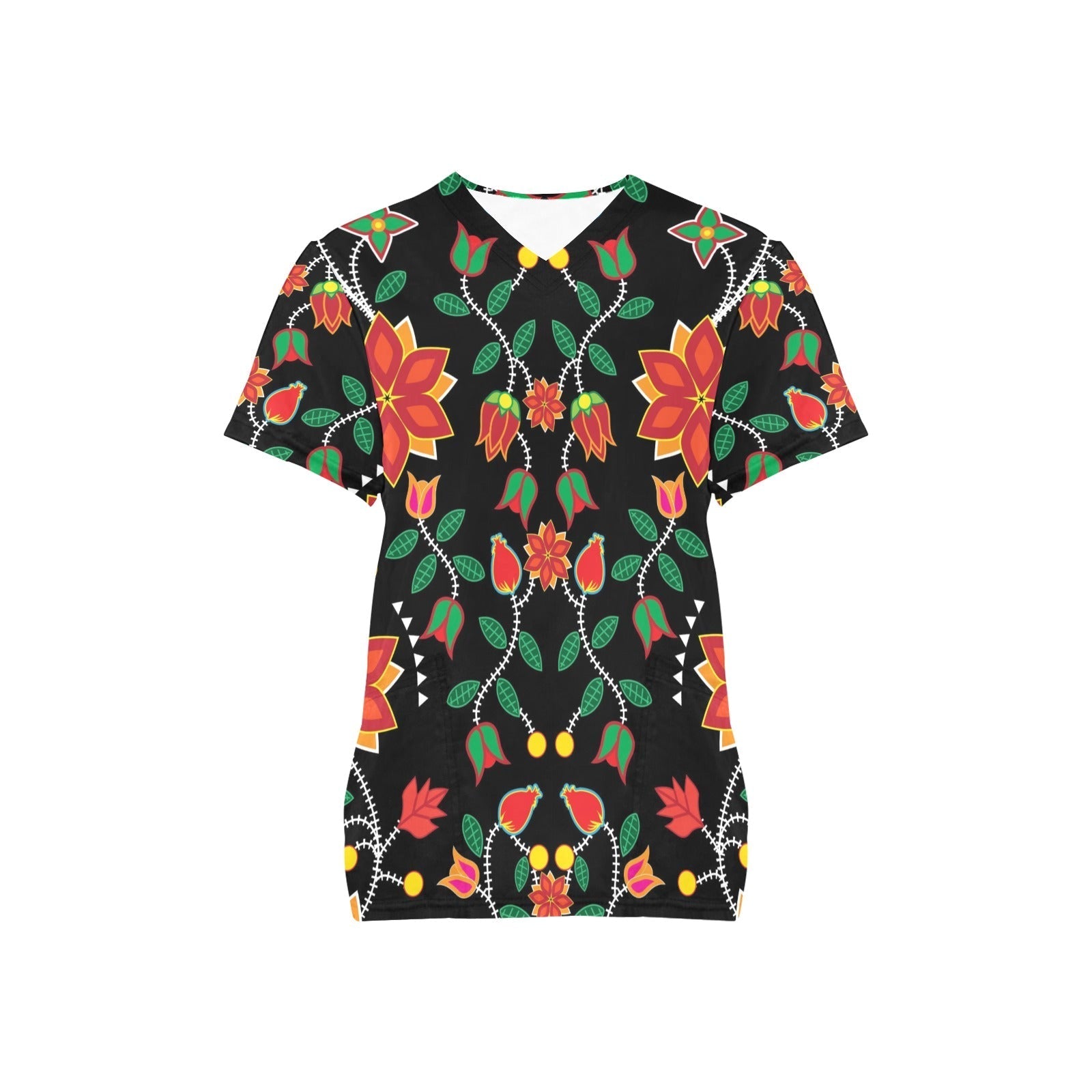 Floral Beadwork Six Bands All Over Print Scrub Top Scrub Top e-joyer 
