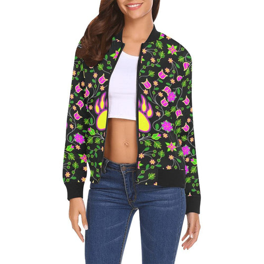 Floral Bearpaw Pink and Yellow All Over Print Bomber Jacket for Women (Model H19) Jacket e-joyer 